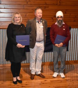 The top Rotary award the Paul Harris Fellowship was awarded this year to Kathy Sims , Bill Porter and Kamaldeep Singh. Kathy and Kamaldeep are both from the Satellite Club